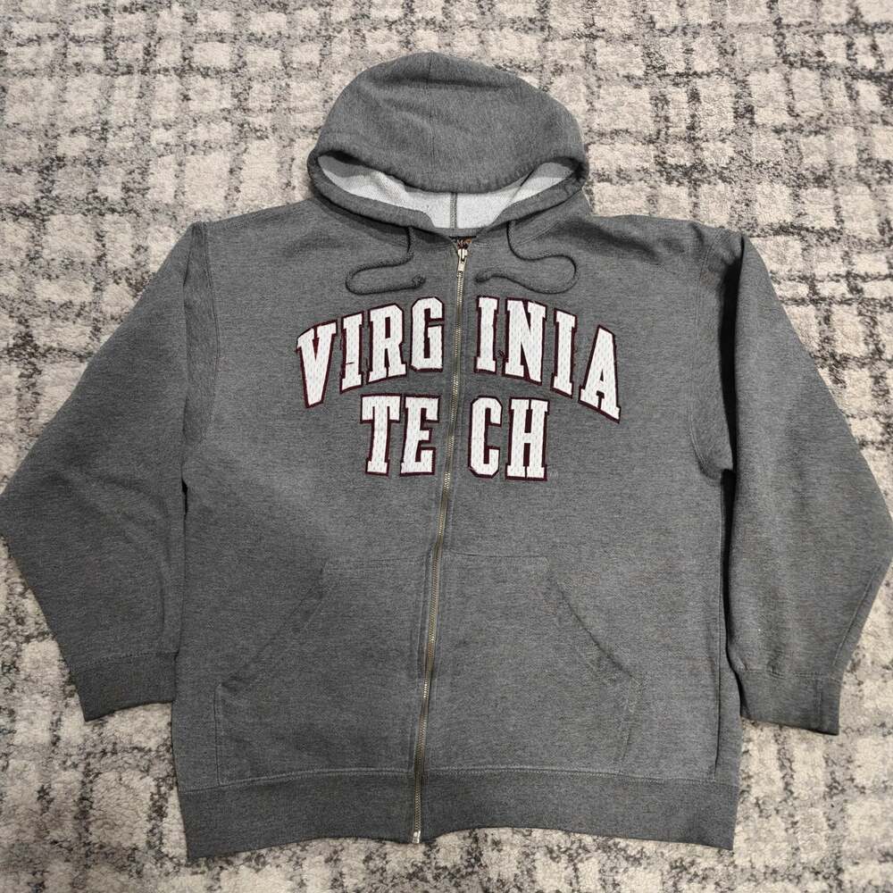 Vintage 90s Virginia Tech Hokies Full Zip Hoodie Sweatshirt Oarsman Gray M